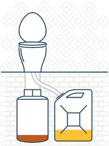 Die Grafik stellt das Prinzip einer Trockentrenntoiletten da. Unter dem Toilettenstuhl ist ein Fass für die Feststoffe installiert und daneben ein Tank für den Urin. Die beiden Stoffe werden in der Toilette getrennt und so gelagert.
