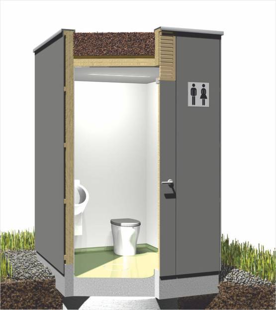 Das Toilettenhaus PANEEL: Moderne Paneeloptik in graun mit einer grauen Türe. Die Türe besitzt kein Fenster.