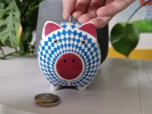 Auf dem Foto ist in der Mitte ein blau-weißes Sparschwein. Dieses steht auf einem Tisch Eine Person schmeißt gerade ein Geldstück durch den Schlitz hinein. Weitere Geldstück liegen daneben und im Hintergrund sind Pflanzen zu sehen.